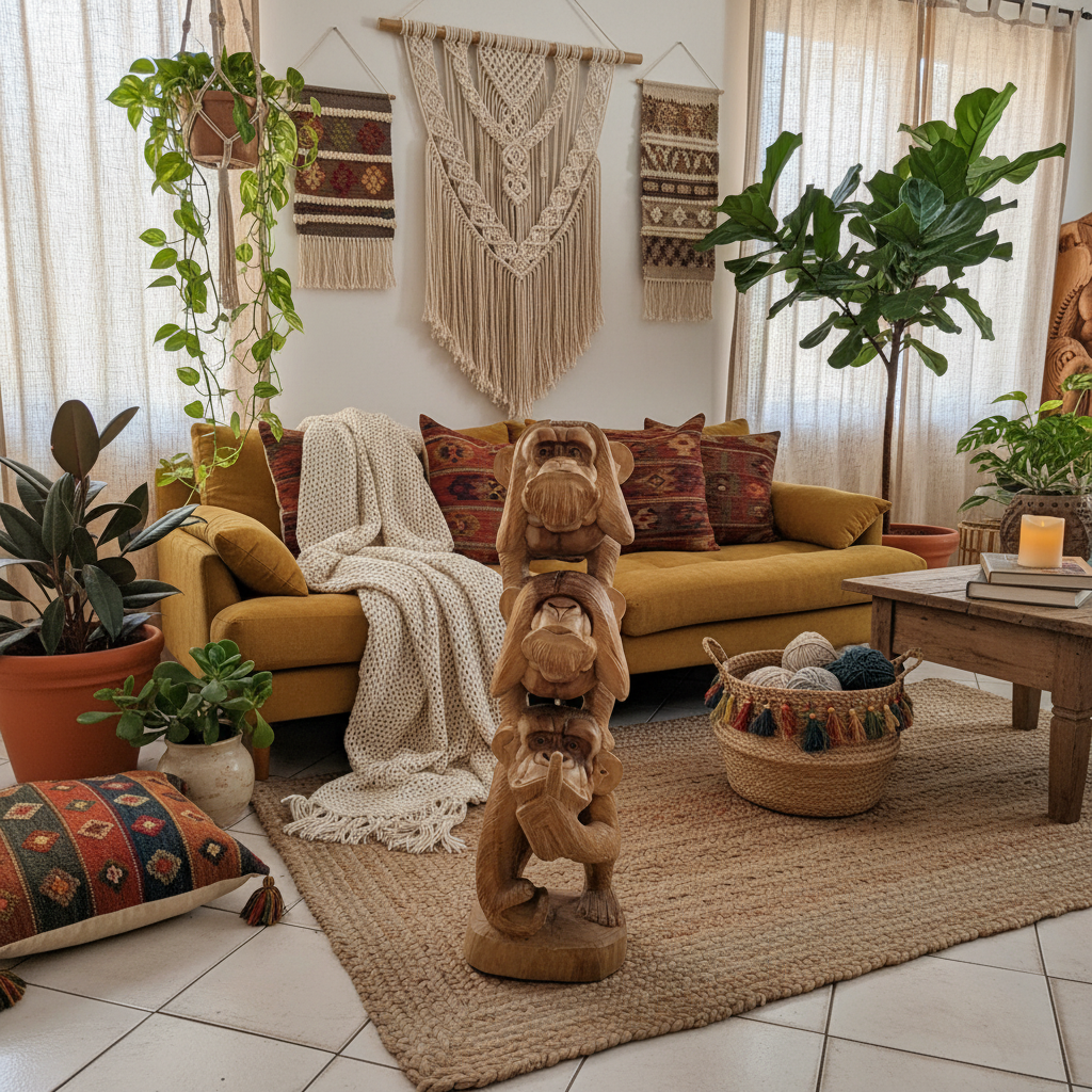 Three Wise Monkeys Tall Wood Statue Model Sebesi