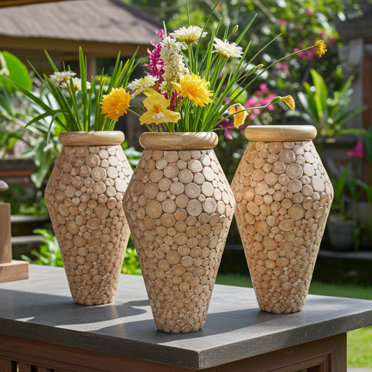 Bamboo wood slice floor vase. Model Mengiris