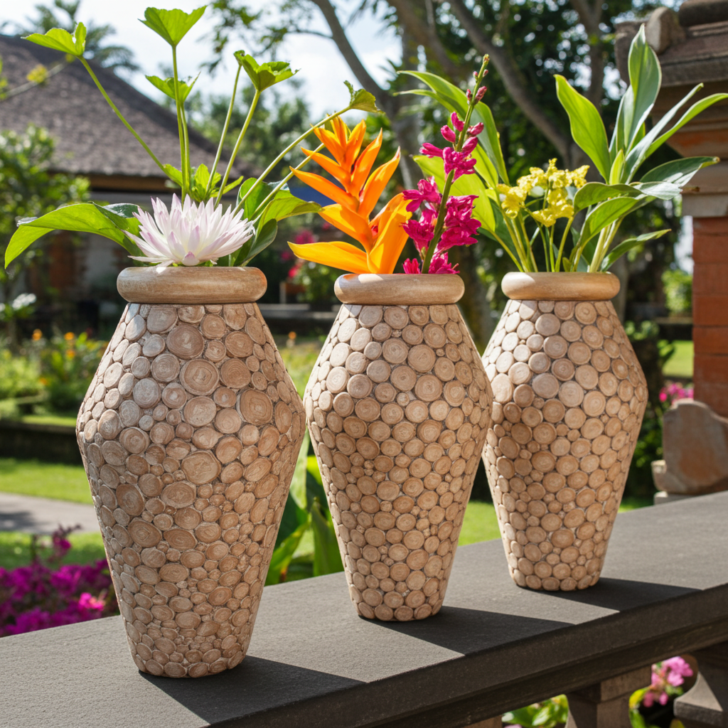 Bamboo wood slice floor vase. Model Mengiris