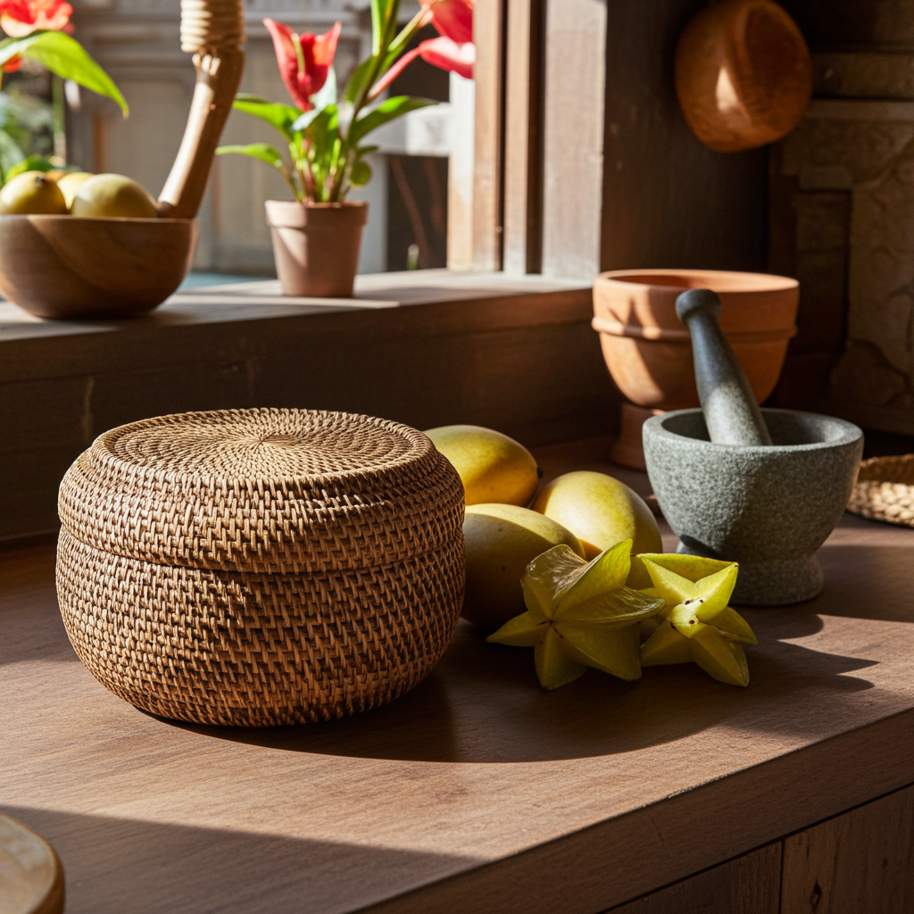 Rattan bowl with lid. Model Bunga