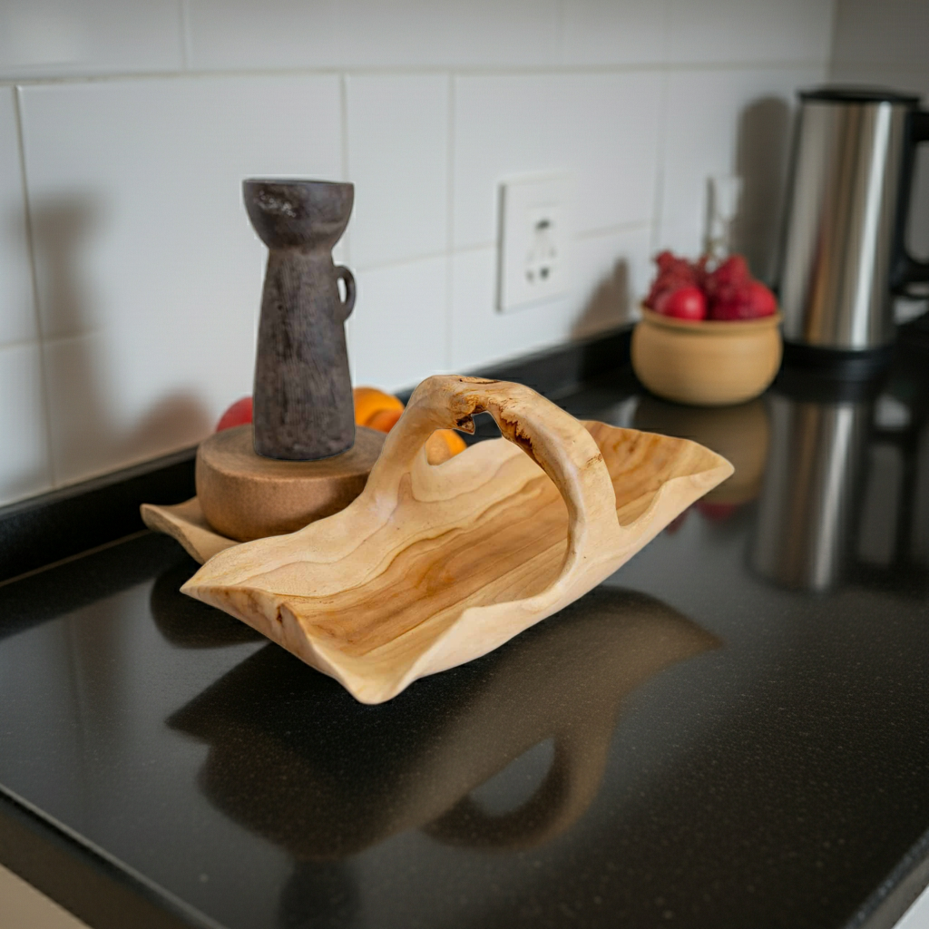 Fruteira maciça esculpida à mão com pega. Modelo Mangkuk.