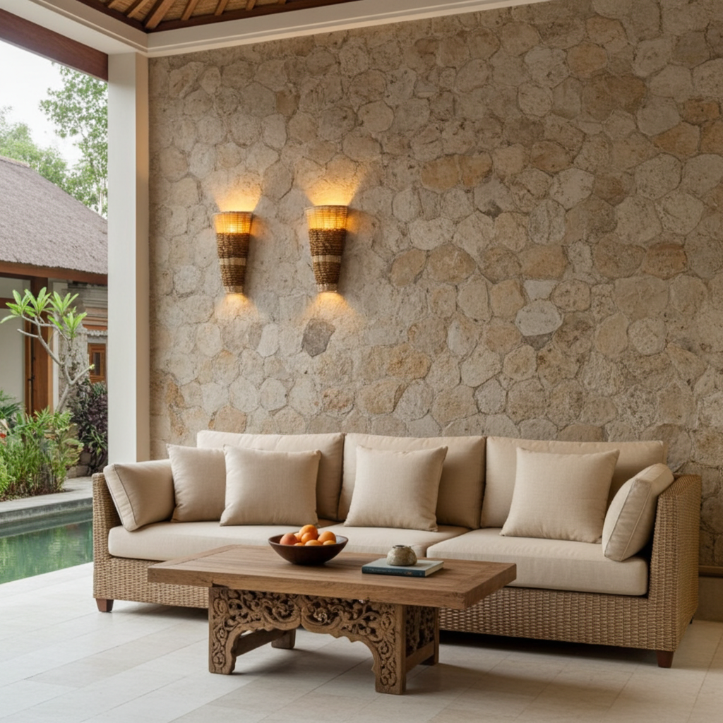 Hand-woven seagrass and hyacinth wall lamp. Model Pinge