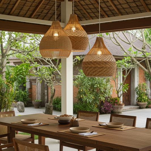 Set of THREE handwoven natural fiber lampshade. Model Hulua