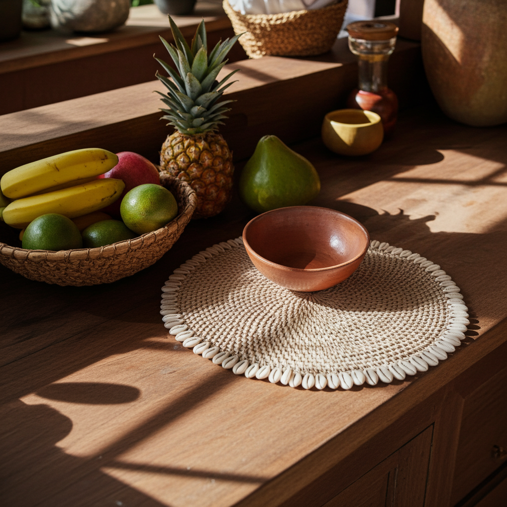 Mantel individual de concha de cauri colonial en dos colores