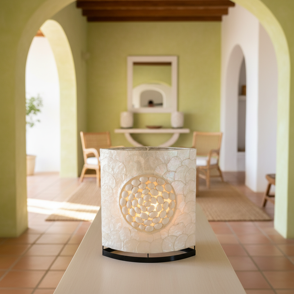 Candeeiro de Mesa com Painel de Conchas Capiz Modelo Pahawang Kecil