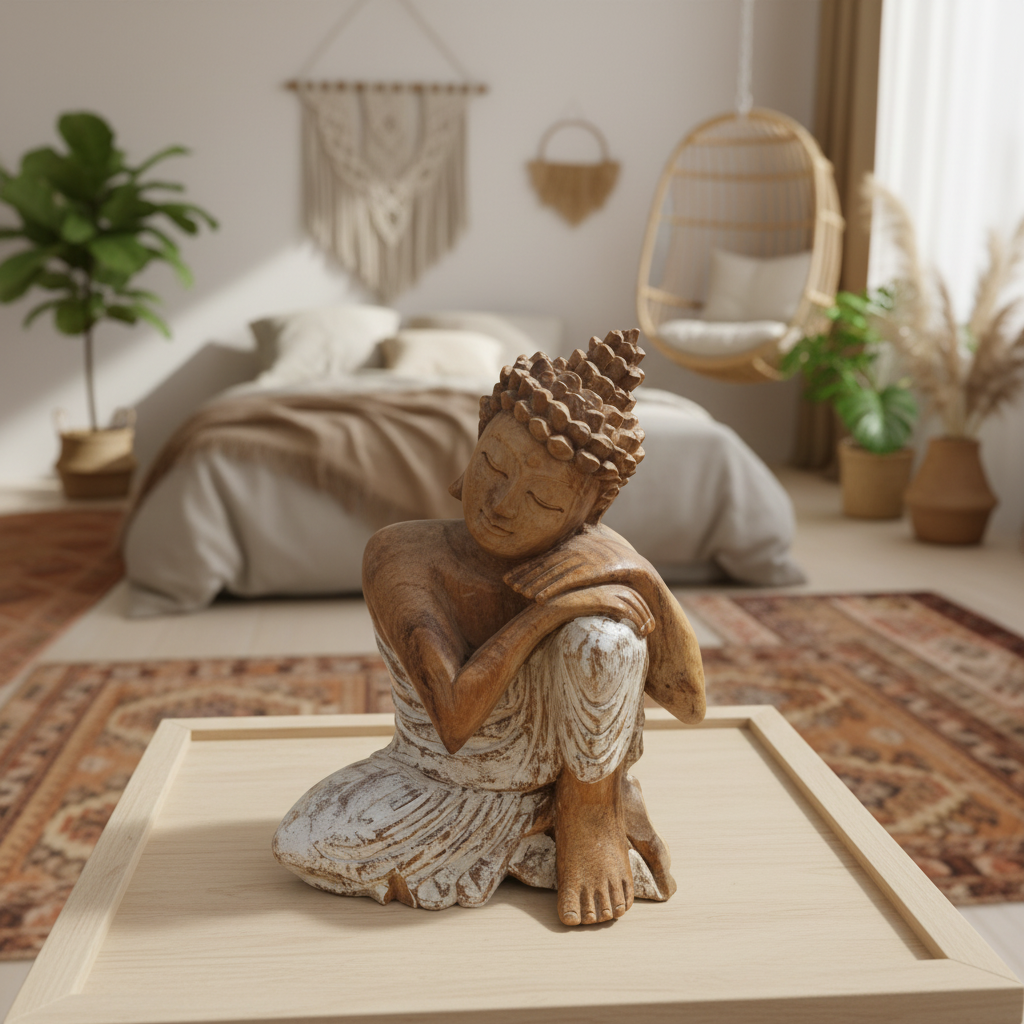 Modelo de estatua de Buda en reposo tallada en madera de Talaud