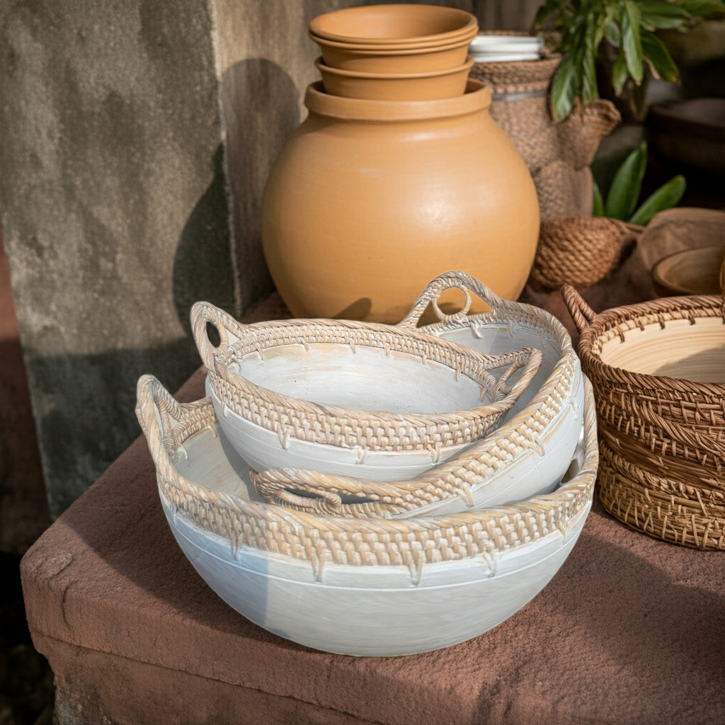 Set of three rattan bamboo bowls. Model Telinga