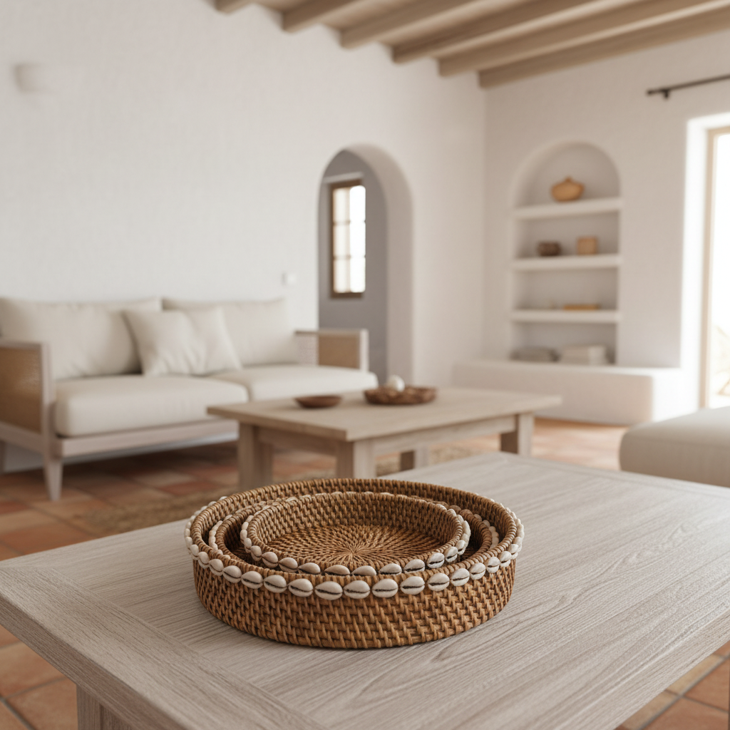 Woven Rattan Cowrie Shell Bowl Set Model Kekek