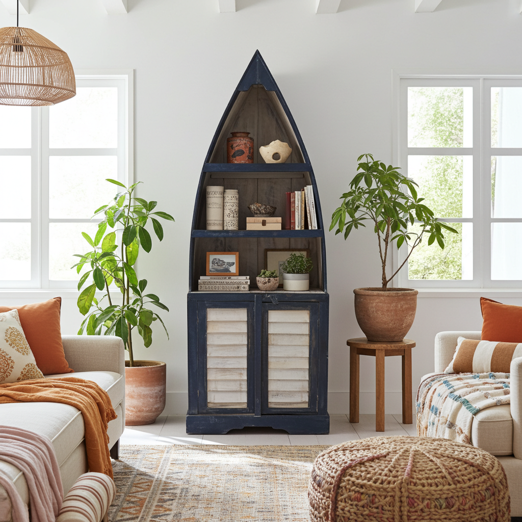 Blue wooden boat-shaped bookcase. Model Kapal