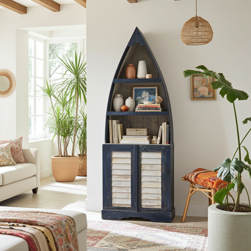 Blue wooden boat-shaped bookcase. Model Kapal