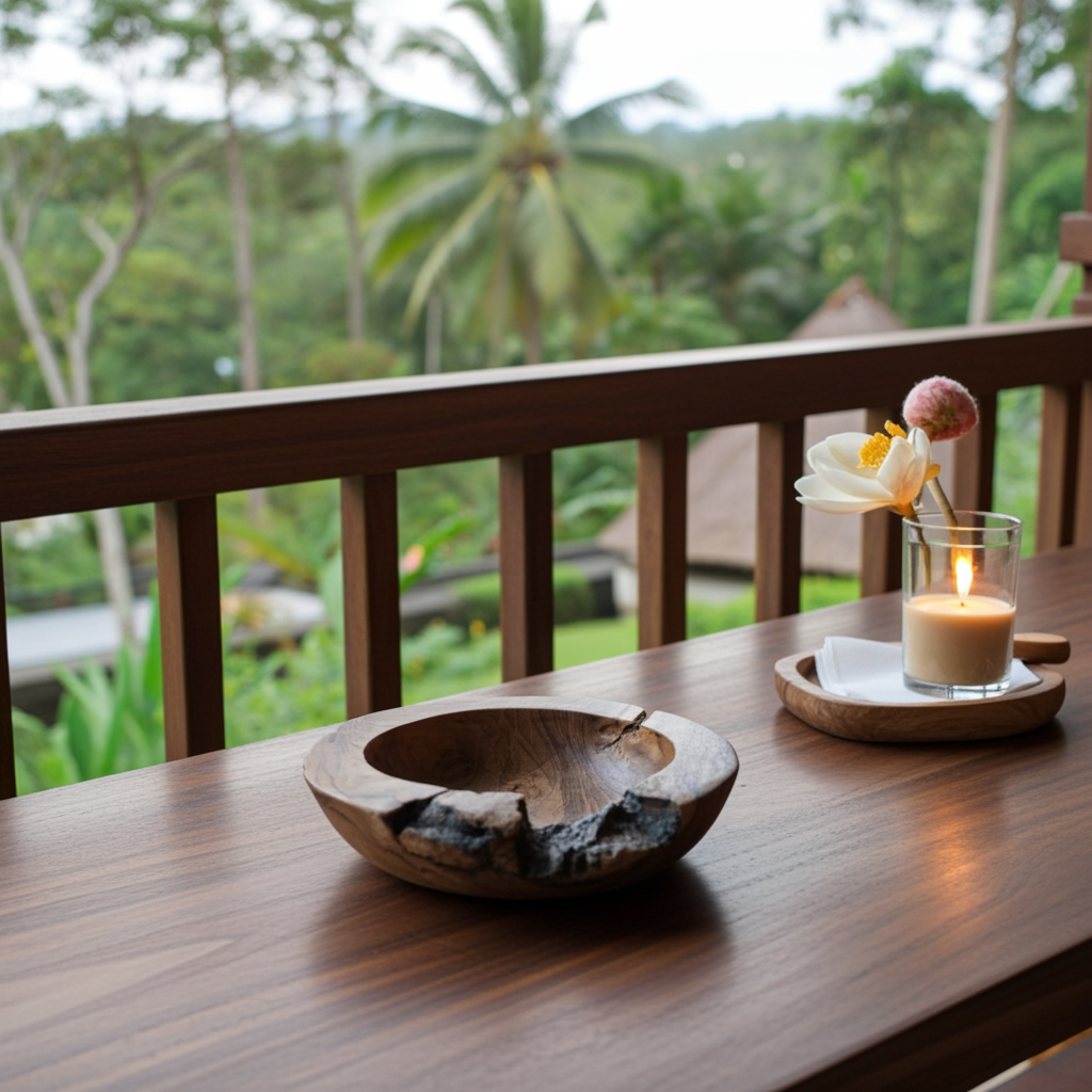 Hand-carved teak wood ashtray.