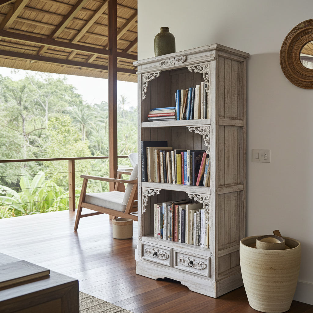 Hand-carved wooden bookshelf white wash finish. Model Keriting