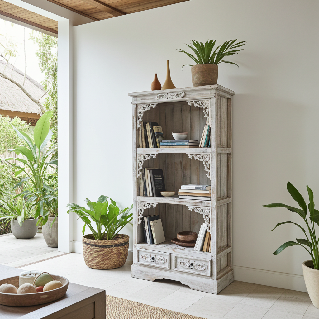 Hand-carved wooden bookshelf white wash finish. Model Keriting