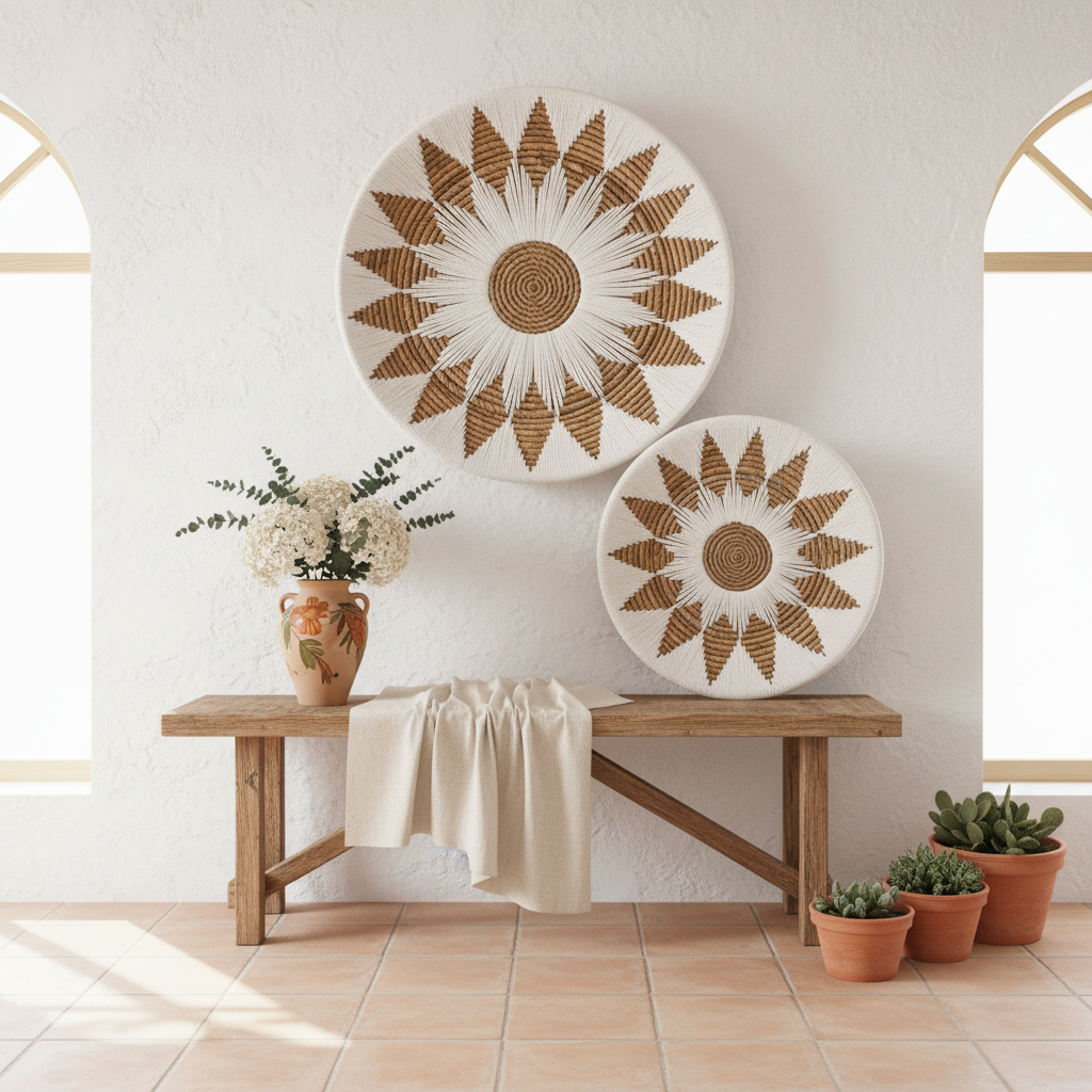 Plato de Pared de Girasol de Hierba Marina Trenzada Modelo Pramuka