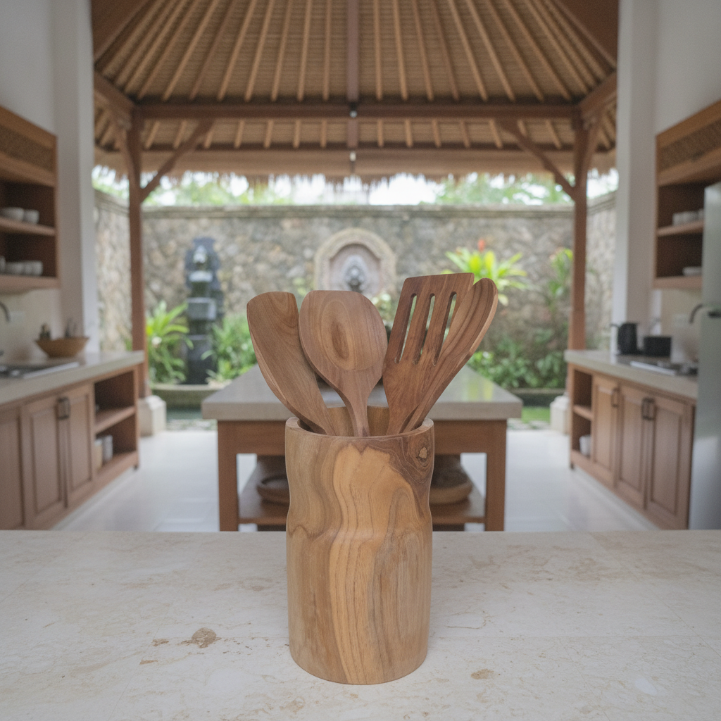 Teak Wood Utensil Holder Set Model Manuk