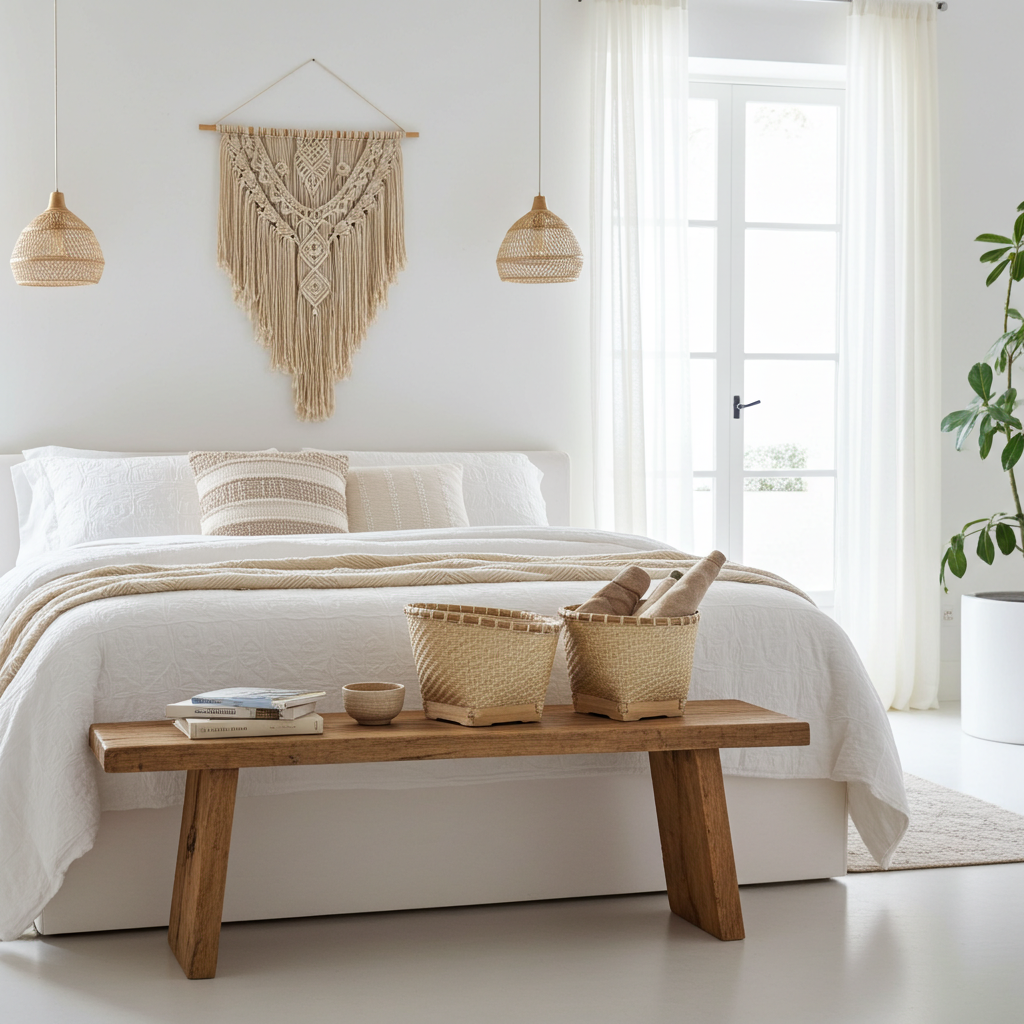 Rattan and bamboo baskets set of three different sizes. Model Putih