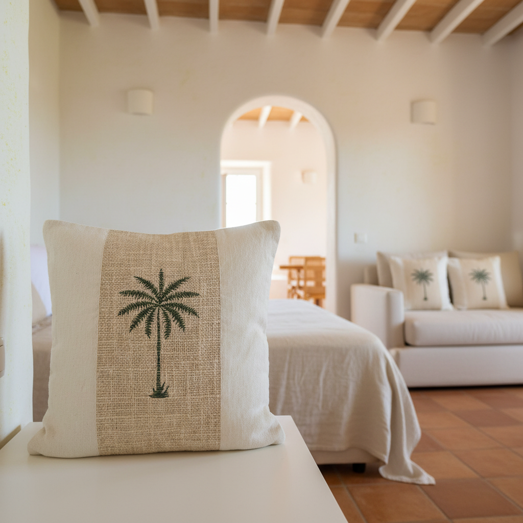 Funda de cojín de lino bordada con palmera Modelo Kaledupa