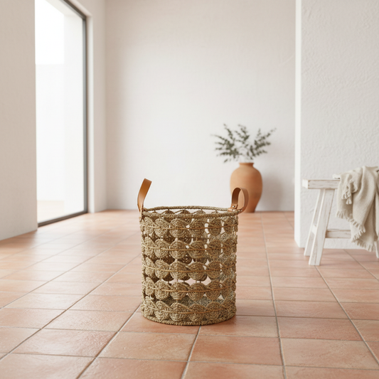 Woven Seagrass Storage Basket Leather Handles Model Ujung