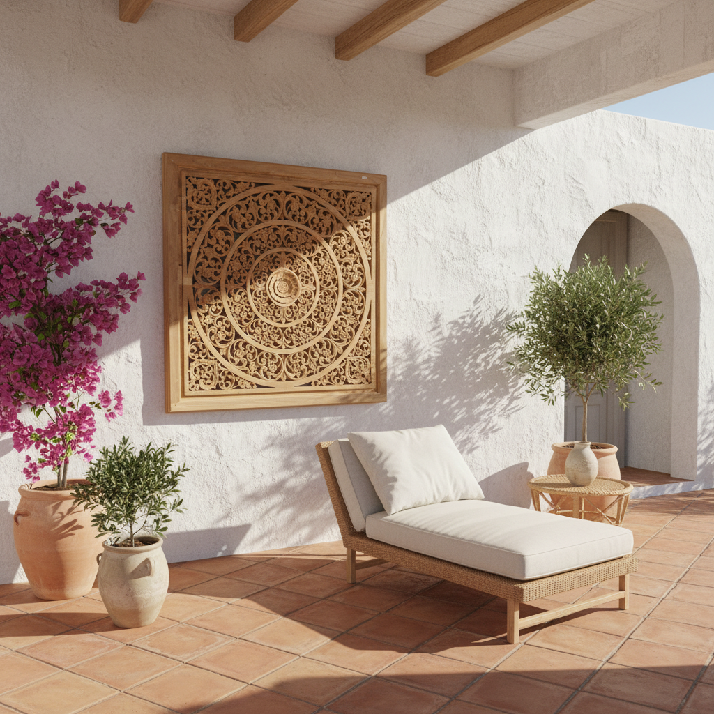 Panel de pared de madera tallada de teca Mandala modelo Mantehage