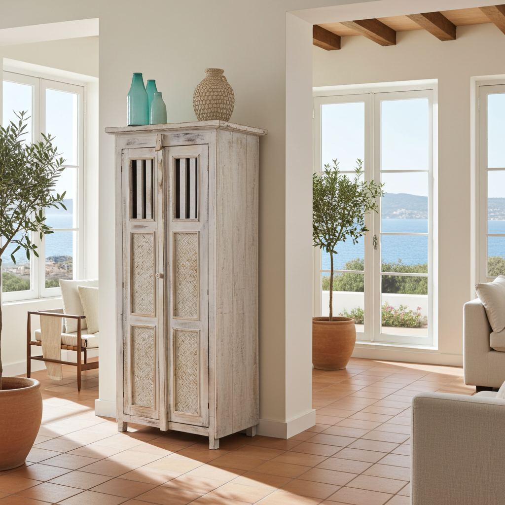 Tall, whitewashed wooden cabinet. Model Bedegul