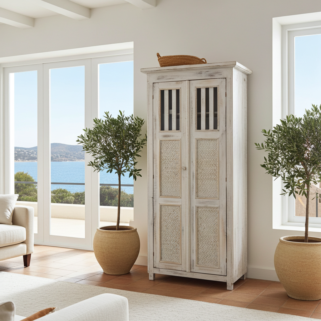 Tall, whitewashed wooden cabinet. Model Bedegul