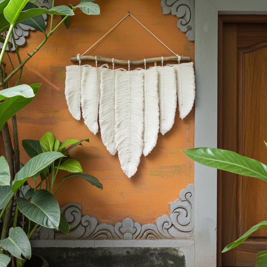 Macrame wall hanging feathers on a stick