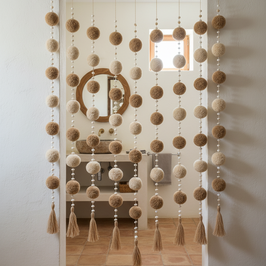 Cortina de Porta Boho com Contas e Pompons Modelo Lembongan
