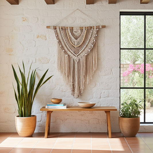 Handcrafted macramé natural and brown-colored