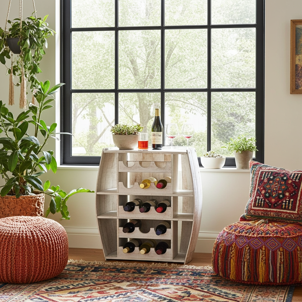 Whitewashed wooden half-barrel wine rack. Model Barel