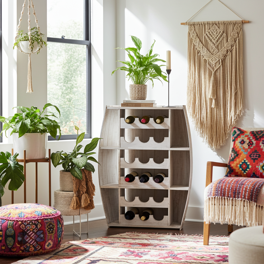 Whitewashed wooden half-barrel wine rack. Model Barel