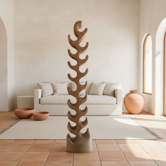 Escultura tótem alto de madera tallada con hoja modelo Terong