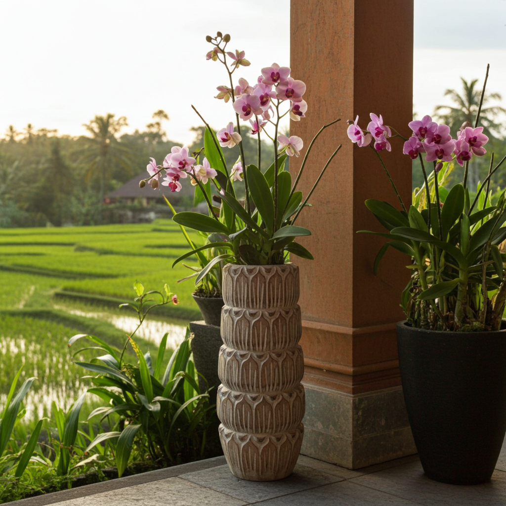 Hand carved wooden vase with scales. Model Munduk