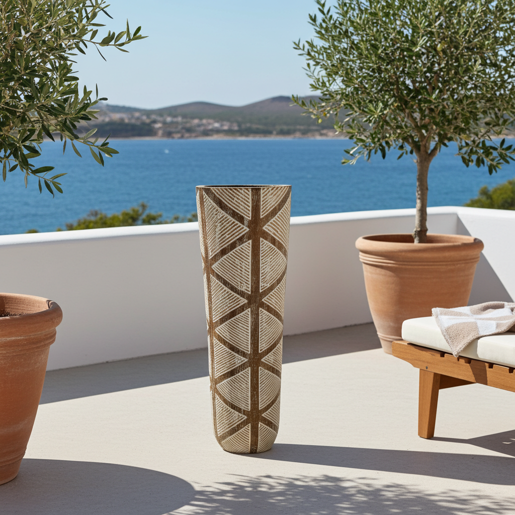 Vaso de chão em madeira com padrões tribais geométricos dourados. Modelo Mojokerto.