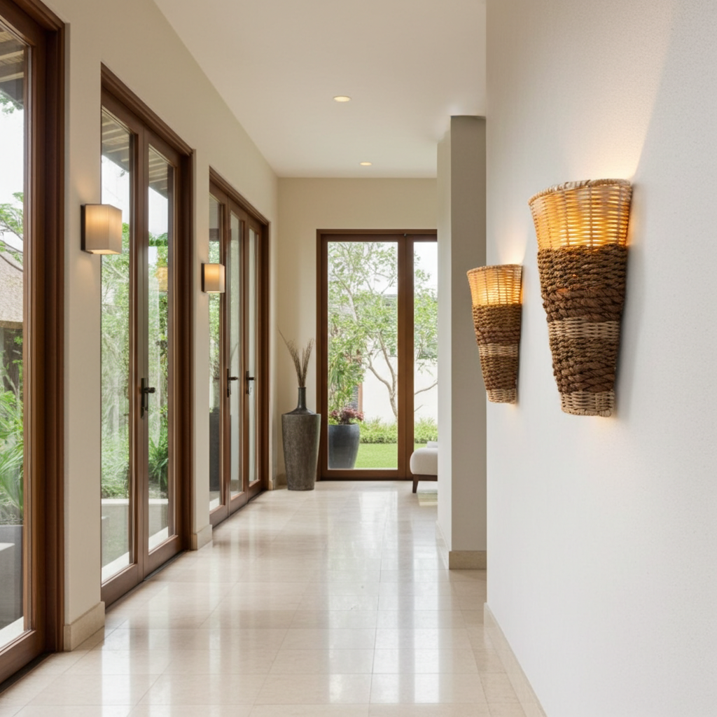 Hand-woven seagrass and hyacinth wall lamp. Model Pinge