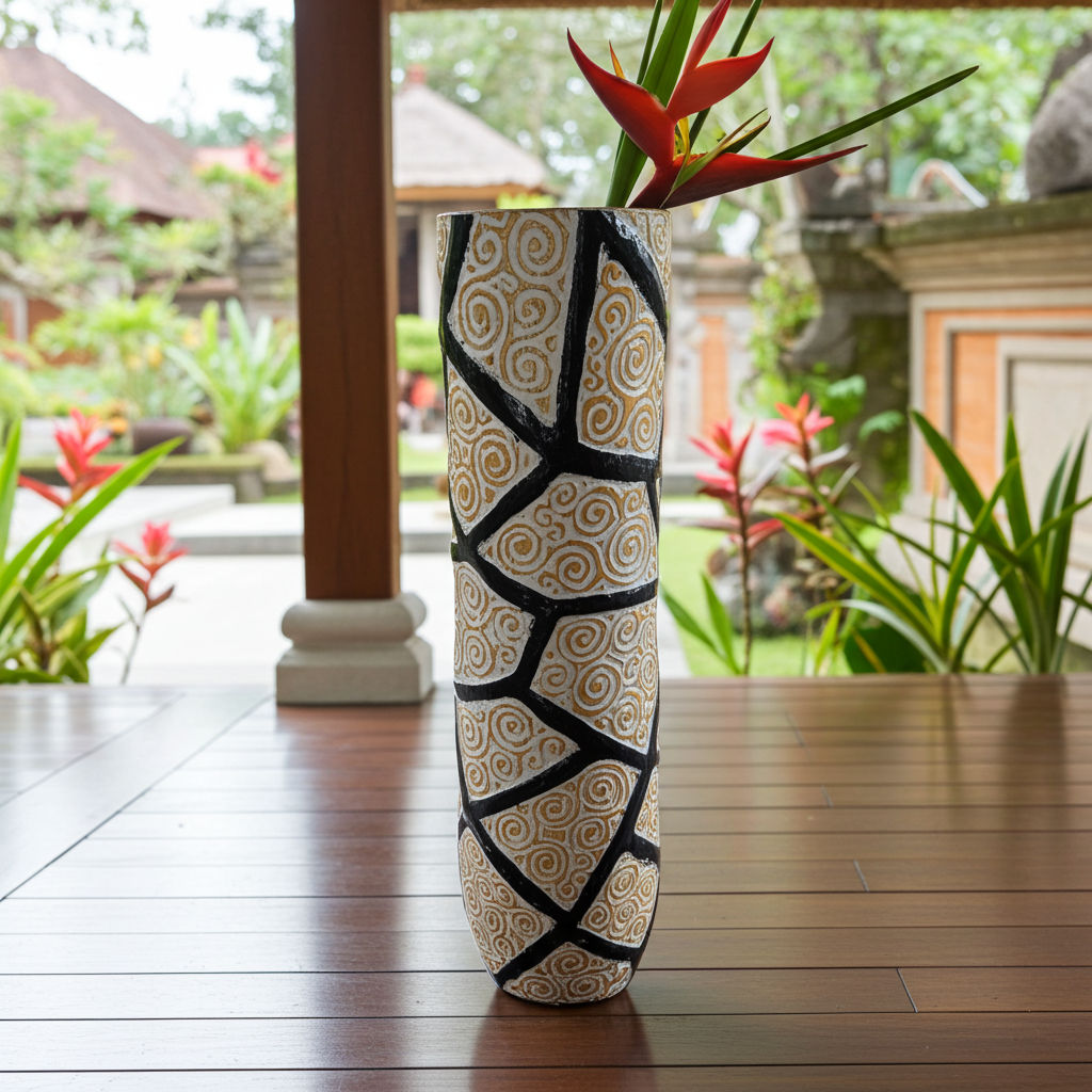 Jarrón de suelo cilíndrico con motivos tribales en dos tamaños. Modelo Wisata.