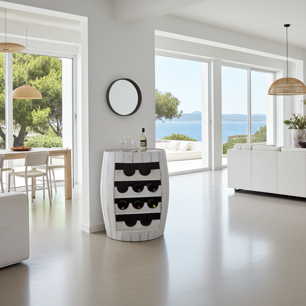 Whitewashed wooden barrel wine rack. Model Dua