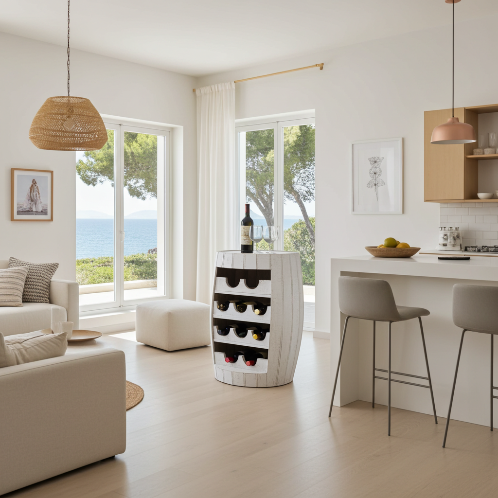 Whitewashed wooden barrel wine rack. Model Dua