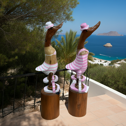 Dos patos separados en trajes de baño rosas. (Se vende como conjunto)