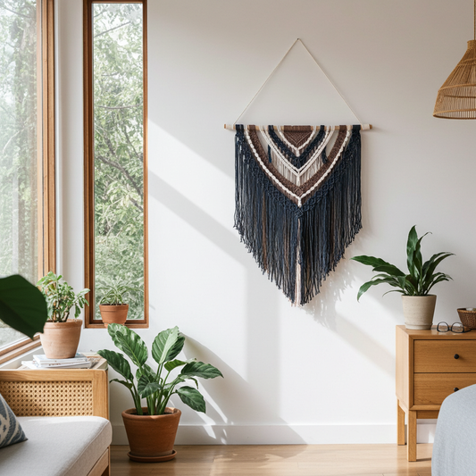 Multi-colored macramé wall hanging in black, brown, and white