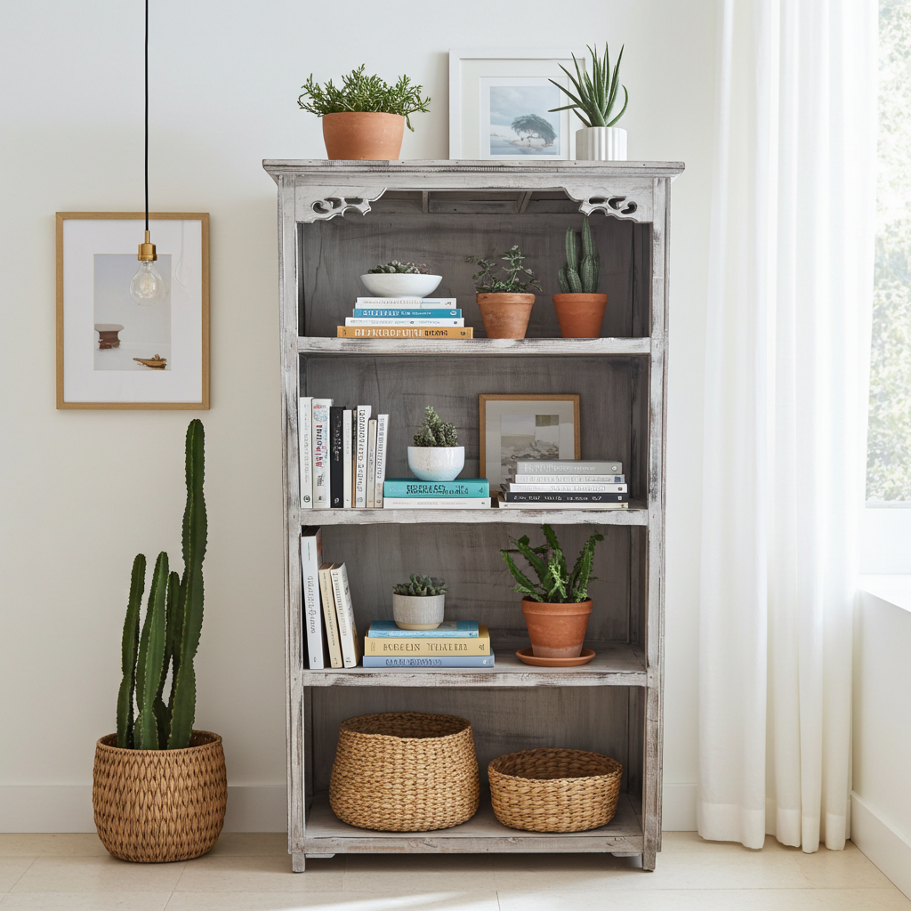 Estante em madeira trabalhada à mão com acabamento em aguada branca. Modelo Batua