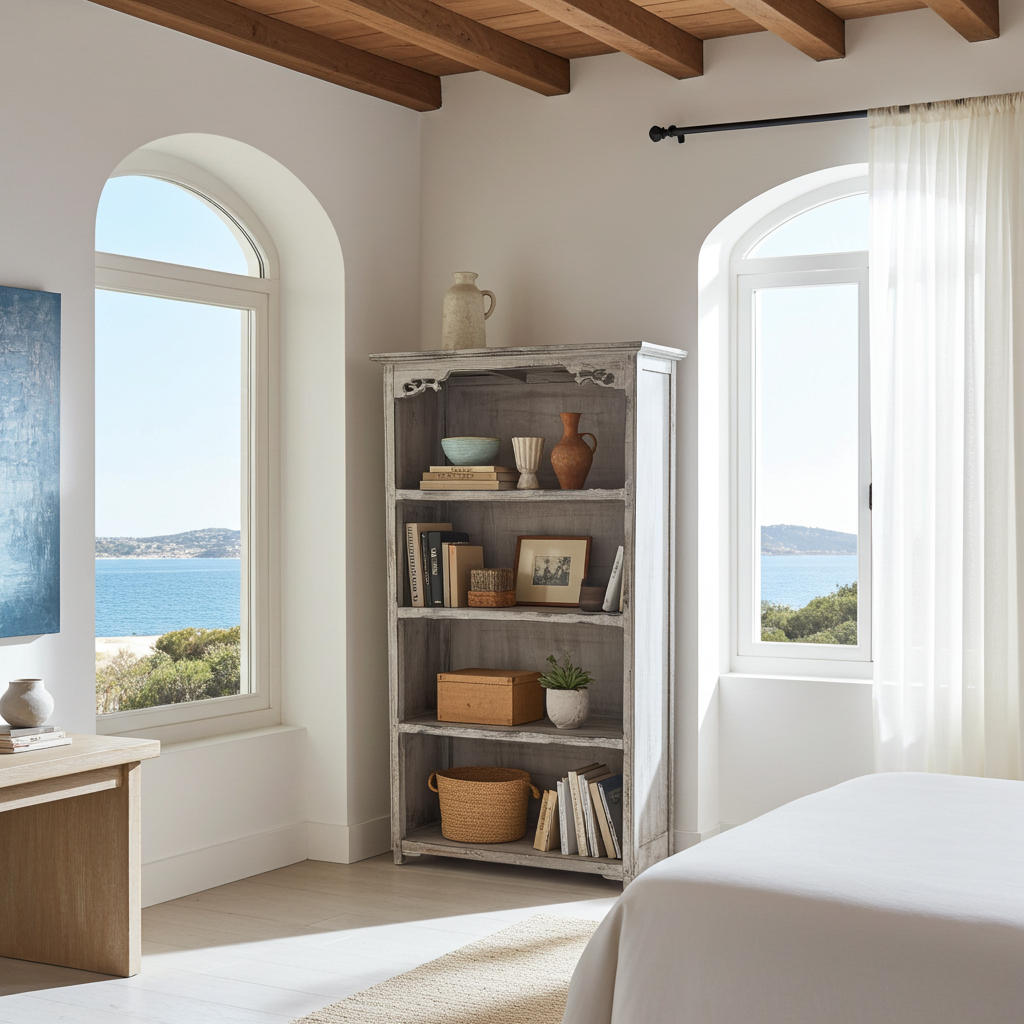 Estante em madeira trabalhada à mão com acabamento em aguada branca. Modelo Batua