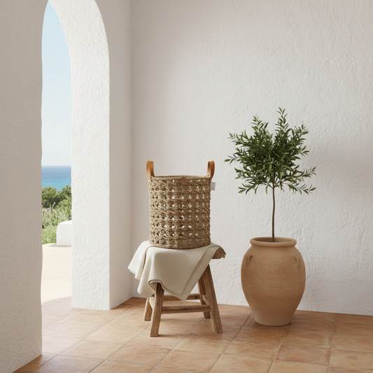 Open Weave Seagrass Basket Leather Handles Model Hatta