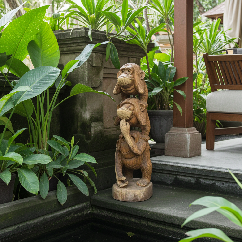 Three monkey wooden statue
