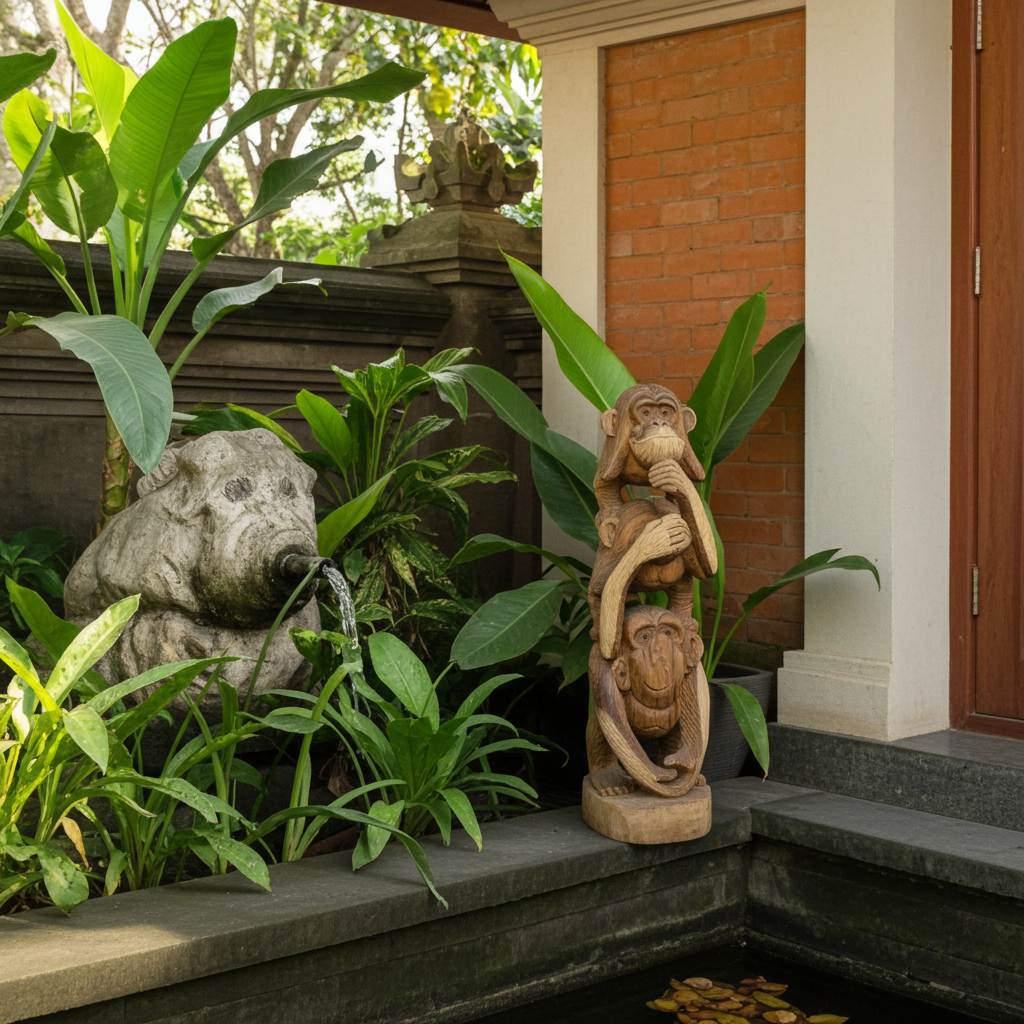 Three monkey wooden statue