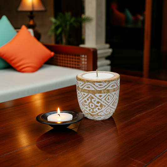 Hand-carved wooden candle in a whitewashed finish