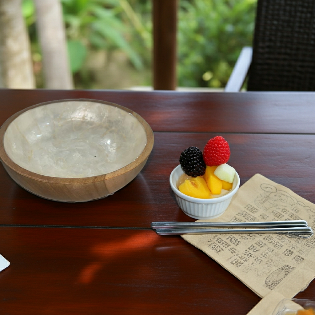 Wooden bowl with white shell finish
