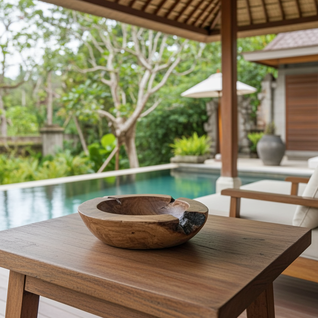 Hand-carved teak wood ashtray.