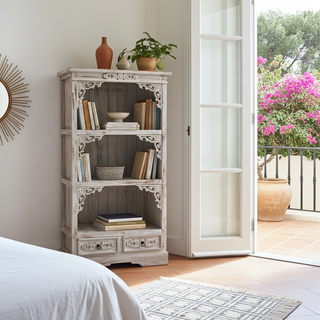 Hand-carved wooden bookshelf white wash finish. Model Keriting