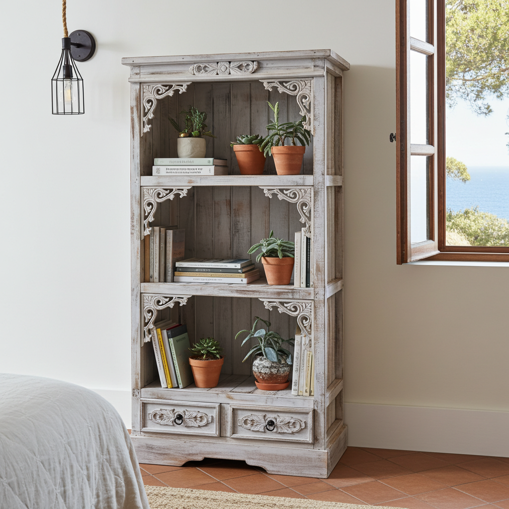 Hand-carved wooden bookshelf white wash finish. Model Keriting