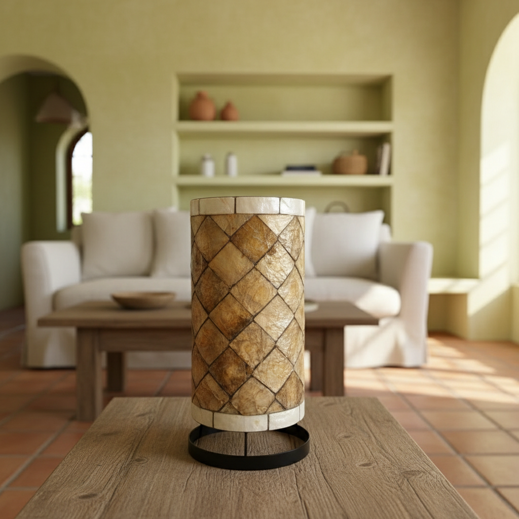 Candeeiros de mesa cilíndricos com concha Capiz, conjunto de três, Modelo Sumatra